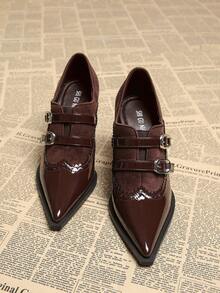 2025春季新款尖头低帮高跟鞋优雅简约时尚女鞋黑色系带布洛克雕花骑士风英伦风粗跟浅口鞋 - 酒紅色 - 查看 4