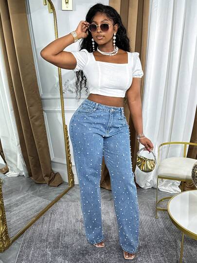 Jeans de talle medio sólidos sin estiramiento con detalles de perlas - Elegantes y sexys para relajarse en casa