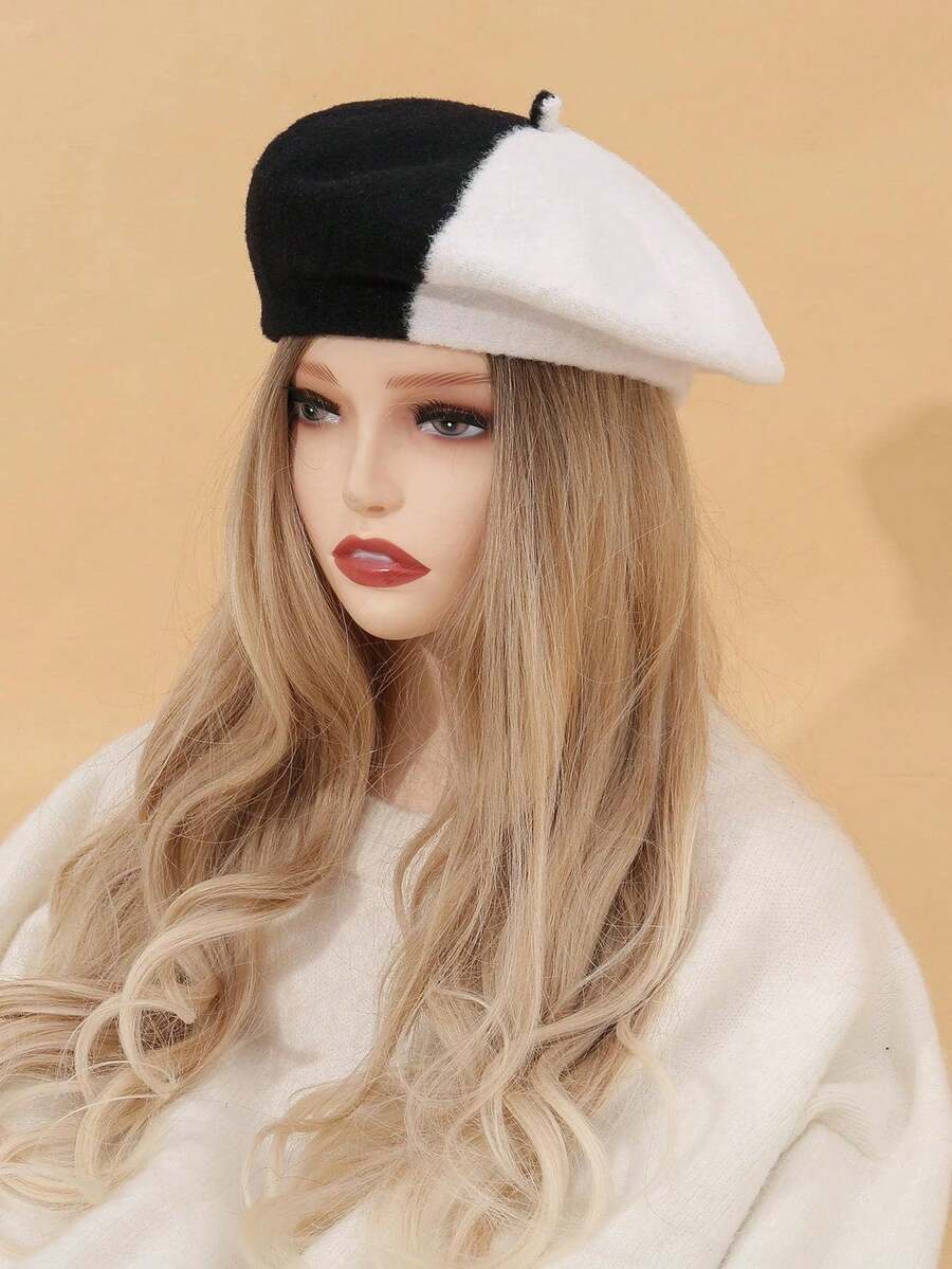 Two Tone Beret Hat Elegant,Summer,Beach,Holiday,Travel - Black and White - View 1