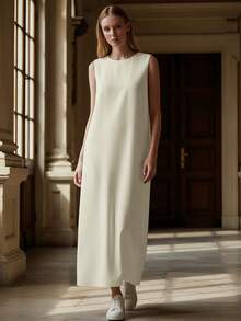 休闲无袖圆领杏色迷你连衣裙 - 杏色 - 查看 3