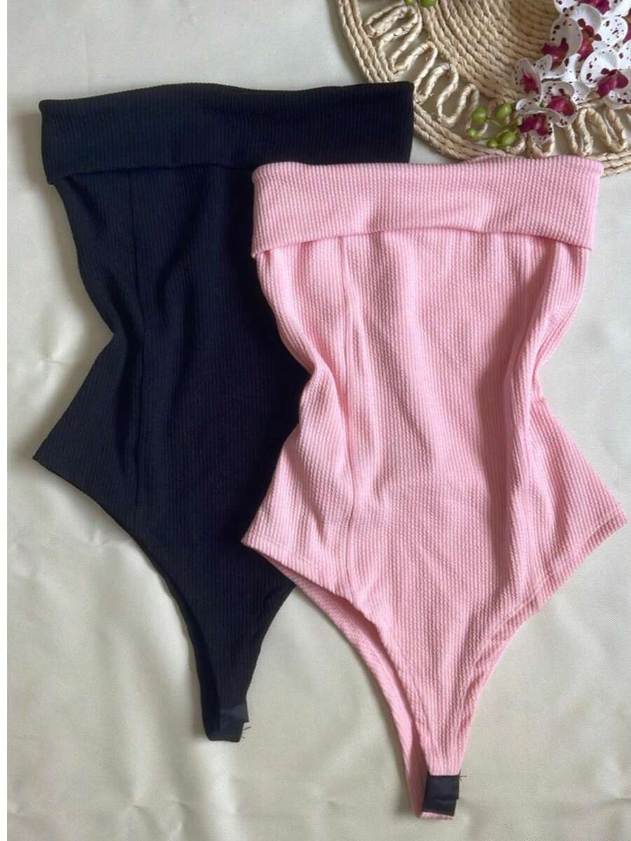 Kit Two (2) Women's Strapless Bodysuits Versatile Elegant Comfortable Spring Summer - Black and Baby Pink - View 1