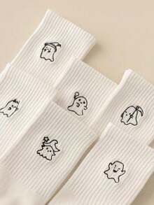 5 pares de calcetines de media caña para mujer de Halloween con patrones aleatorios de sombrero de bruja, diablo, guadaña y monstruos lindos, casuales, transpirables y que absorben la humedad, color blanco - Multicolor - Ver 9