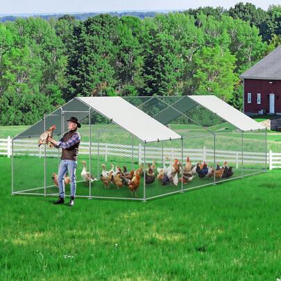 Metal Henhouse, 9.8x26.2x6.5 Ft Large Walk-In Chicken Runs With Cover, Spire Roof Hen House Enclosure With Security Lock, Outdoor Duck Rabbit Cage Poultry Pen For Backyard, Farm, Yard