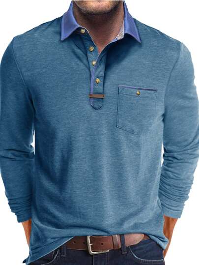 Plus Size Men Long Sleeve Polo Shirt, Fashionable Turndown Collar Pocket Top, Fall