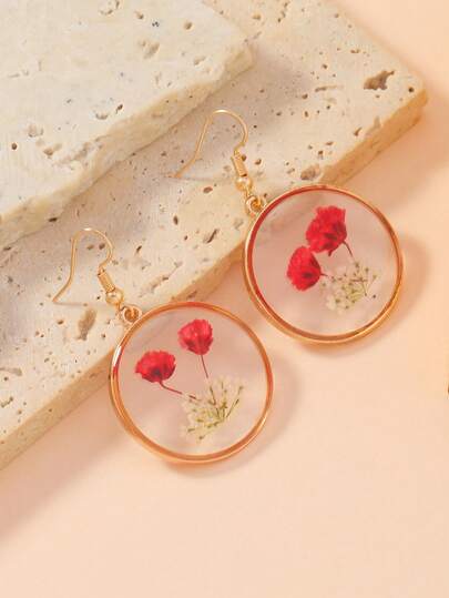 1 Pair Boho Style Dried Flowers Asymmetrical Petals Assorted Color (Purple, Pink, Blue) Earrings, Minimalist Copper Hoops Suitable For Daily Wear