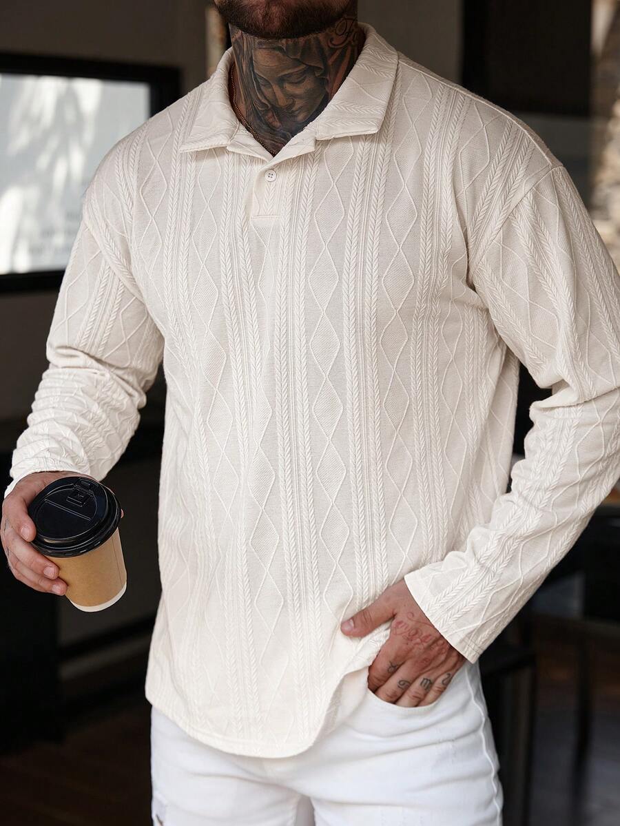 男士秋冬复古休闲日常纯色针织菱形提花常规版型长袖 Polo 衫