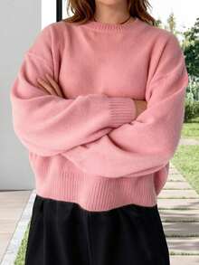 Women's Long Sleeve Sweaters Solid Color Crew Neck Loose Fit Pullover Knit Tops For Fall Winter - Rosa - Ver 6