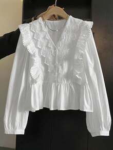 ii Plus Size Casual Solid Color Lace Patchwork Ruffle Trim Long Sleeve Top White Spring - White - View 2