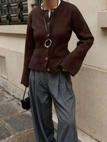 SEREN Neue Herbst/Winter Rundhals Braun Vorder-Strick Cardigan, Damen Casual Merinowolle Strickjacke, geeignet für Pendeln und täglichen Gebrauch - Braun - Übersicht 3