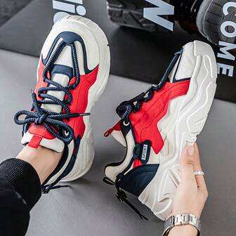 Men's Casual Sports Shoes, Personalized Nightclub Style Fashion Chunky Sneakers, Casual Sports Shoes, Fashion Versatile Sports Shoes, Red Block Patchwork Sports Running Shoes, Lace-Up Patchwork Outdoor Autumn/Winter Sneakers