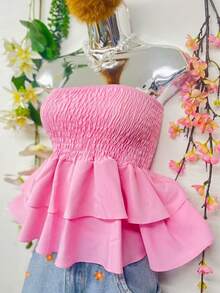 T110Cropped Elastic Blouse With Ruffle - 淺粉色 - 查看 6