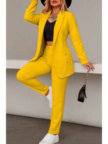 Elegante conjunto de traje liso de manga larga con cuello chal y doble botón para mujer, con bolsillos, para oficina y trabajo. - Amarillo - Ver 2