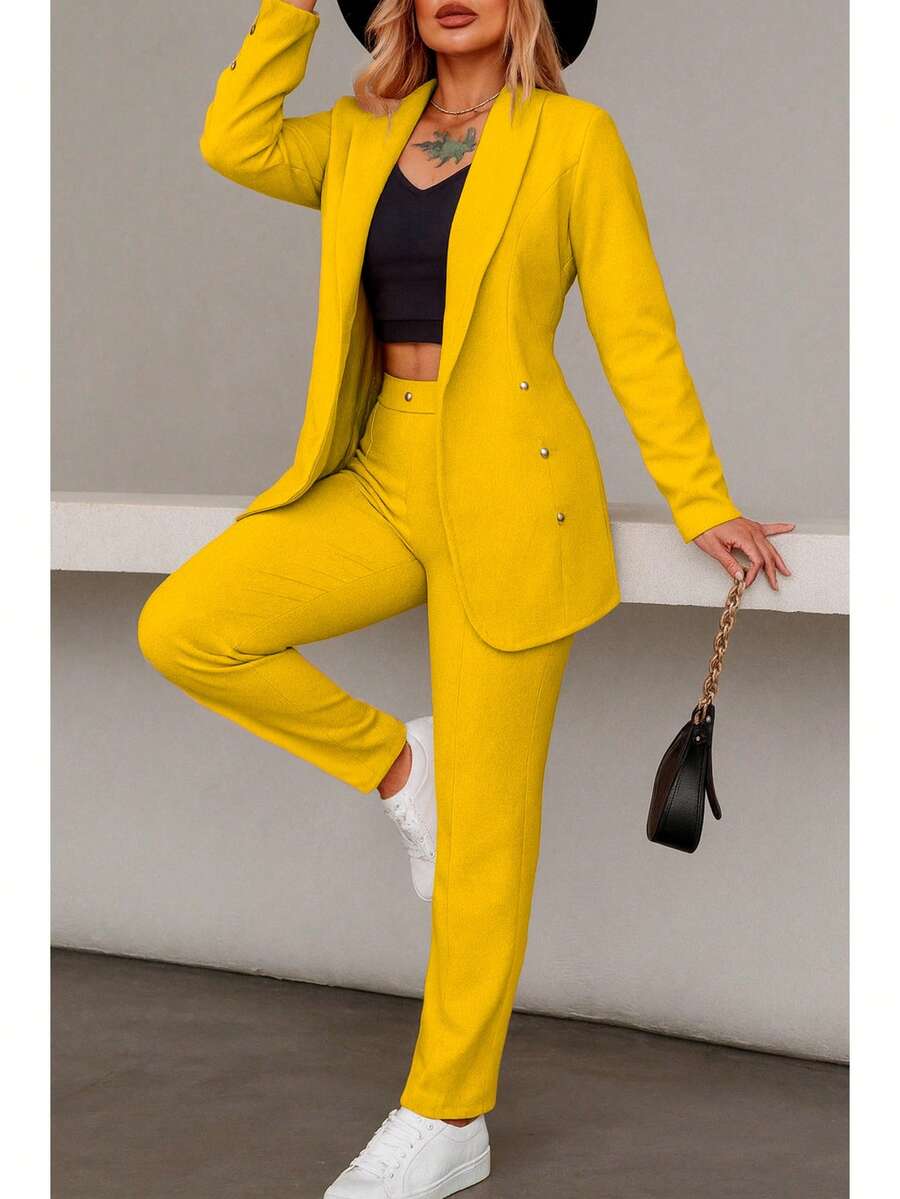 Elegante conjunto de traje liso de manga larga con cuello chal y doble botón para mujer, con bolsillos, para oficina y trabajo.