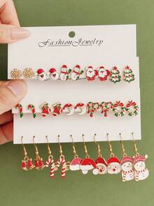 Conjunto de aretes con diseño de copos de nieve y campanas de Navidad, aretes con gota de aceite con diseños de renos y Papá Noel
