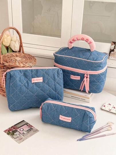 Soft Denim Patchwork Cosmetic Bag, Vintage Zipper Makeup Organizer, Large Capacity Travel Toiletry Bag, Stylish And Beautiful Handbag For Women