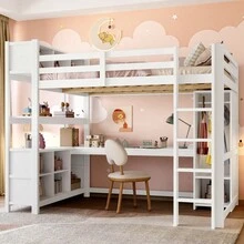 Hochbett 140x200 cm mit SCHREIBTISCH & KLEIDERSCHRANK | Komplett-Arbeitsplatz mit Regalen & Ablagefächern | Raumwunder für kleine Zimmer | Ohne Matratze, weiß