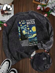 Van Gogh Sternenhimmel Muster Sweatshirt in Große Größen, maschinenwaschbarer Vintage Rundhals Sweatshirt, Damen Sweatshirt in Große Größen, Damen Jacke, Top in Große Größen, Damen Winterbekleidung, Damen Wintermode, Damen Herbst/Winter Bekleidung in Große Größen - Schwarz - Übersicht 5