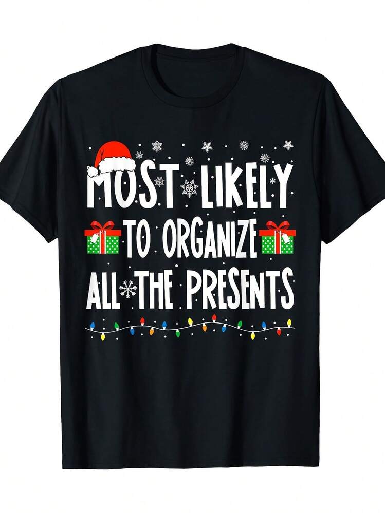 Funny Christmas T-Shirt For Adults - Black Holiday Tee With "Most Likely To Organizer All The Presents" Saying, Gifts & Snowflakes Design - Lightweight 180gsm Cotton Crew Neck Shirt For Christmas Parties, Gifts (Men & Women) - DXC00276, Seasonal Outfit, Playful Festive Design, Comfortable Fabric, Short Sleeve Top, Gift Givers - Black - View 1