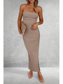 Women's Summer Bodycon Maxi Tube Dress Ribbed Strapless Side Slit Long Going Out Casual Elegant Party DressesHalloween Christmas New Year - 條紋海軍白 - 查看 11