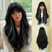 7JHH WIGS Long Wave Dark Brown & Silver Highlight Wigs For Women - Loose Fluffy Wavy Curly Wig With Bangs, Full Machine High Density Synthetic Heat Resistant Fiber Hair Wigs For Daily Wear,Halloween Cosplay & Music Festival Party Use 26 Inch - 銀色 - 查看 11