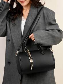 2024 New Fashion Classic Clown Solid Color PU Waterproof Material Letter Graphic Print Decor Dual Handle Pillow Shape Bag With Animal Pendant, Suitable For Shopping, Can Be Worn Crossbody. Suitable For Shopping, Wallet, Young Women, College Students, Newlyweds, White-Collar. Very Suitable For Office, School, Work, Business, Commuting, Outdoor Activities, Travel And Outing. - Black - View 9