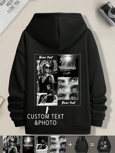 Customized Autumn/Winter Hoodie, Back To School, Casual, Loose Fit, Outdoor, Halloween, Upload Your Photo, Group Photo, Pet Photo, Add Your Own Custom Text And Personalized Information. Casual High-Quality Men's Hooded Sweatshirt, Work Uniform, Company Team Building, Christmas, Basic Style, Suitable For Boyfriend, Family, Friend's Birthday, Black Tops, Holiday Gift For Him
