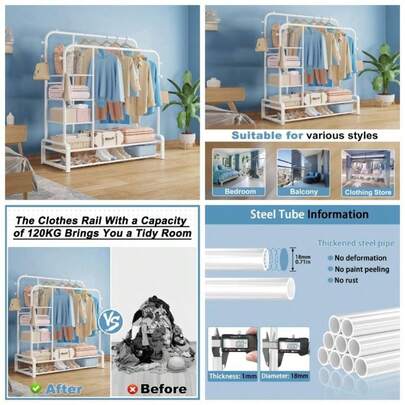 Clothes Rail Heavy Duty, Rails To Hang Clothes, Sturdy Metal Clothing Rail 8 Coat Hooks, 3 Storage Shelves 2 Tier Shoe Rack, Bedroom Clothing Rack - W