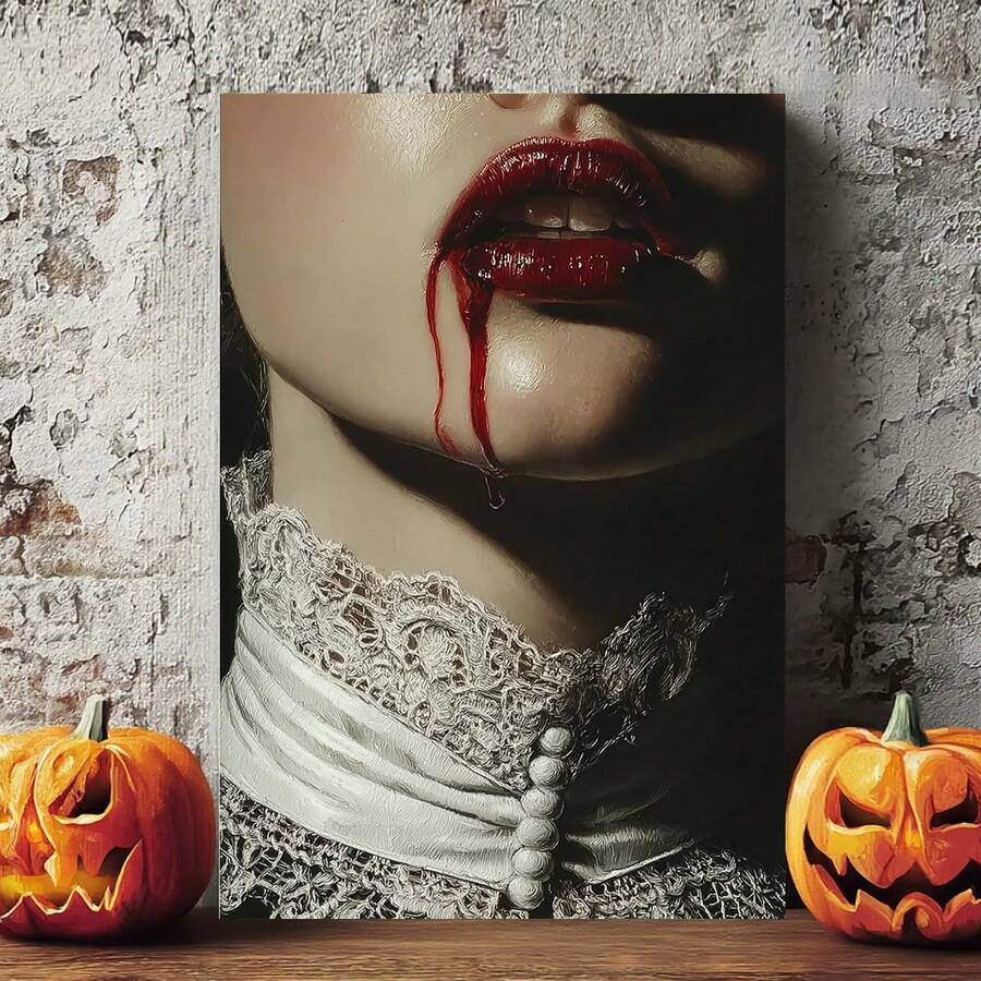 Vampire Lips With Blood Canvas Wall Art Gothic Lace Collar Scene Halloween Spooky Vibe Decor Artwork For Bedroom Living Room Dorm Party Decoration Art Painting Pictures Canvas Wall Art Room Decor Halloween Decor Home Decor Christmas Decoration Bedroom Decor Christmas Decorations Christmas Decoration 2025 - 框架 - 查看 1