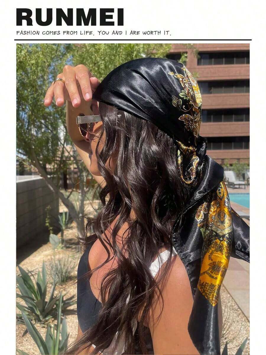 1pc Minimalist Printed Satin Square Scarf, New Spring Fashion Headscarf Women, Can Be Used As Waistband, Bag Decoration, Ribbon, Headband Or Scarf, Choice To Enhance Your Overall Look - 黑色 - 查看 1