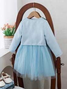 BASUSARRI 2pcs Girls Long Sleeve Cardigan & Bowknot Waist Dress Set, Cute Minimalist Fashion Versatile Dress For Party, Outing, Birthday, Princess Style, Autumn/Winter - Baby Blue - View 4