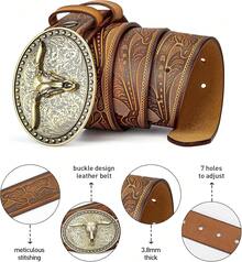 Men's Western Cowboy Belt With Adjustable Longhorn Buckle - Nk1814g+ds052-1zm-nâu - Xem 8