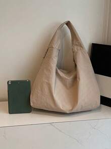 Lightweight Large Capacity Nylon Shoulder Bag. Two Side Pockets For Easy Storage. Minimalist Style, Suitable For Daily Use In Summer, Can Be Used As A Commuter Bag Or For Casual Travel. - Khaki - View 7