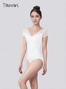 DonsGirl 1pc Women V-Neck Lace Short Sleeve Leotard, Ballet/Contemporary Dance/Classical Dance/Yoga/Gymnastics Jumpsuit - 白色 - 查看 8