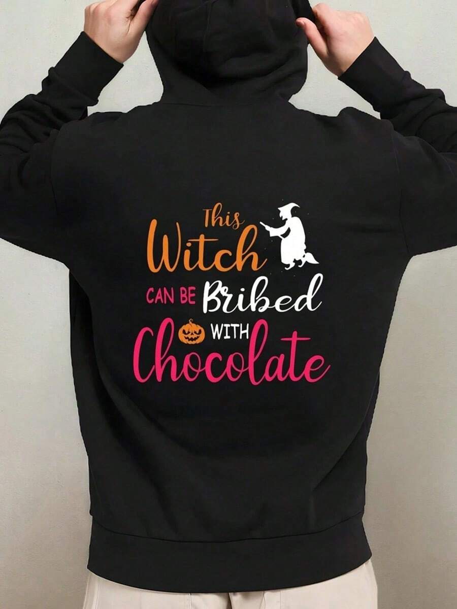 1 Pack Men'S & Women'S Funny This Witch Can Be Chocolate Graphic Hooded Sweatshirt - Black Halloween Pullover With Witch & Bats Design, Soft Comfortable Long Sleeve Casual Streetwear, Spooky Fall ,Fall Hoodies,Men's Fall Clothes,Street Wear,Halloween,Mens Hoodies,Y2k Clothes,Jesus Hoodie,Thanksgiving Day,Nightmare Before Christmas,Christmas - 黑色 - 查看 1