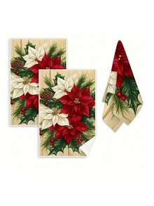 1/2/4pcs Festive Christmas Towels - Polyester, Quick-Dry & Absorbent, Machine Washable With Holiday Poinsettias & Holly Design, Perfect For Kitchen & Bathroom Decor, Ideal For Holiday Table Settings & Gifts, Holiday Table Decor | Cartoon Themed Towels | Quickdry Fabric, Christmas Towels