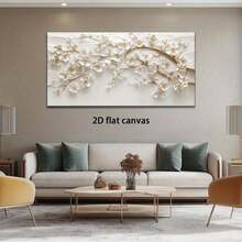 2D Flat, Abstract White & Golden Floral Wood-Framed Canvas Wall Art - Modern Minimalist Beige & Golden Large Horizontal Painting For Living Room, Bedroom, Office, Kitchen, Bathroom - Wood-Stretched Framed Wrapped Canvas, Neutral Home Decor, Housewarmin - 彩色 - 查看 5