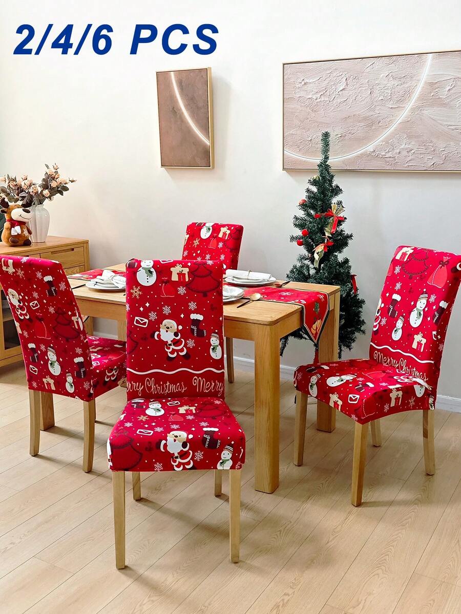 2/4/6 غطاء كرسي مطبوع بطبعات عيد الميلاد، مع عناصر عيد الميلاد مثل بابا نويل والثلجي والرنة، ديكور منزلي لفنادق وحفلات ومطاعم، ديكور عيد الميلاد الأساسي، هدية عيد الميلاد المثالية