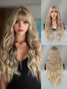 7JHH WIGS Long Wave Ash Blonde Highlight Wigs For Women - Loose Fluffy Wavy Curly Wig With Bangs, Full Machine High Density Synthetic Heat Resistant Fiber Hair Wigs For Daily Wear,Halloween Cosplay & Music Festival Party Use 26 Inch - 亞麻金 - 查看 2