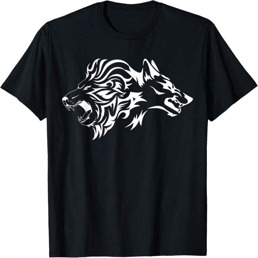 Camiseta con estampado de león salvaje y lobo - Negro 26 - Ver 1