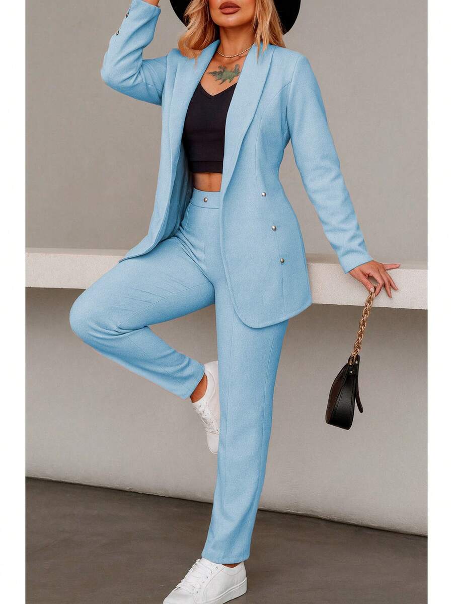 Elegante conjunto de traje liso de manga larga con cuello chal y doble botón para mujer, con bolsillos, para oficina y trabajo.