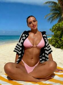 春夏翻领撞色条纹纽扣短袖开衫和针织短裤，适合海滩度假，炎热的夏日假期 - 黑色 - 查看 6