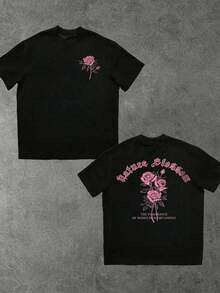 Y2K Cool 1pcs Men's Pink Rose Bud Gothic Script Double Sided Digital Printed Streetwear Grunge 100% Cotton Casual Graphic Tee Nature Blossom Fragrance Overflowing 220g T Shirt - 黑色 - 查看 1