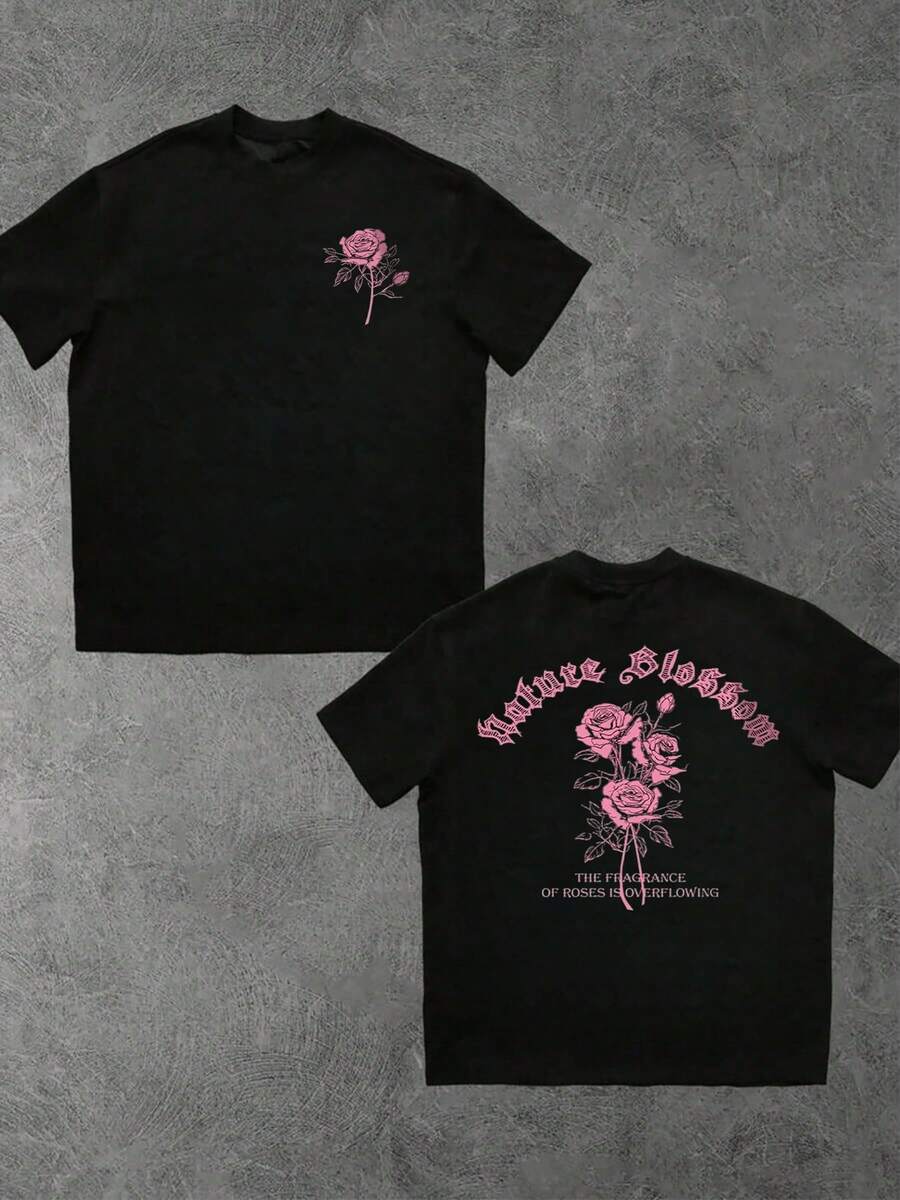 Y2K Cool 1pcs Men's Pink Rose Bud Gothic Script Double Sided Digital Printed Streetwear Grunge 100% Cotton Casual Graphic Tee Nature Blossom Fragrance Overflowing 220g T Shirt - 黑色 - 查看 1