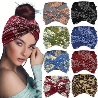 8pcs Bohemian Style Wide Headbands, Suitable For Women, 5.5 Inch Elastic Sports Headband Set, Polyester Hairbands, Fashion Hair Accessories, No Feathers, Various Prints, Yoga Running Sports Non-Slip Absorbent Headbands, Fashionable Multifunctional Hair Accessories