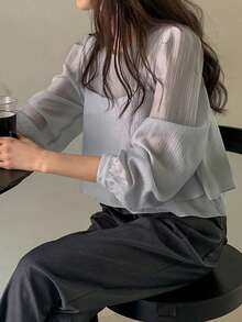 女士时尚长袖衬衫上衣+吊带背心叠穿套装，纯色优雅，适合办公室和休闲场合，春秋季 - 灰色 - 查看 7