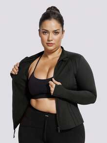 Women's Plus Size Sports Jacket, Solid Color Front Zipper Sports Jacket, Long Sleeve Casual Lightweight Jacket, Women's Casual Sports Lightweight Cardigan Jacket, Autumn/Winter - Black - View 6
