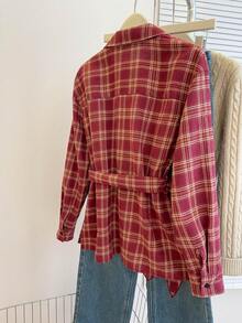 Blus Wanita Elegan Slim Fit Lengan Panjang Motif Kotak-kotak Merah dengan Ikat Pinggang dan Pita, Cocok untuk Musim Semi/Panas - Merah - View 3