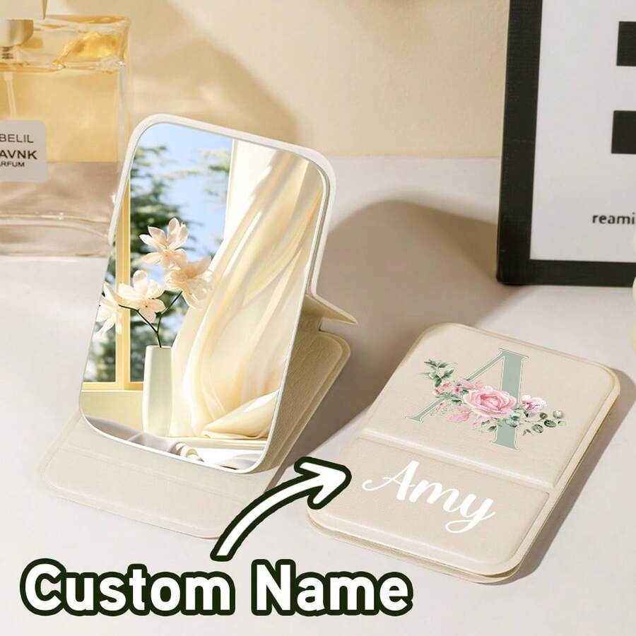 1 Spersonalizowane lusterko do makijażu, przenośne, modne lusterko do makijażu z kwiatowym wzorem, świeża kolorystyka, małe lusterko ze skóry PU, składane, lusterko podróżne, odpowiednie na prezent, niezbędne akcesoria podróżne, kosmetyki, odpowiednie do makijażu w podróży i w domu