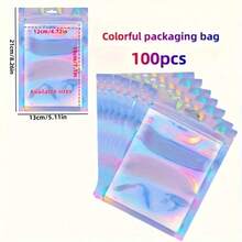 100 piezas/paquete Bolsas de empaque multicolor gruesas de 16 milésimas de holográfico láser con cierre hermético reutilizable, material adecuado para empacar bocadillos, semillas, joyas y accesorios