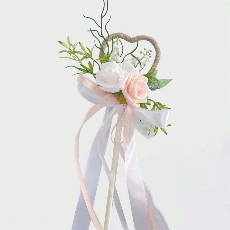 Flower Girl Wand Wedding Bouquet Artificial Rose Flowers Magic Wand With Ribbons For Special Occasions - Champagne - View 1